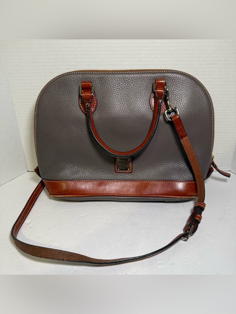 Dooney & Bourke Elephant Grey Pebbled Grain Zip Zip Domed Top Handle Satchel